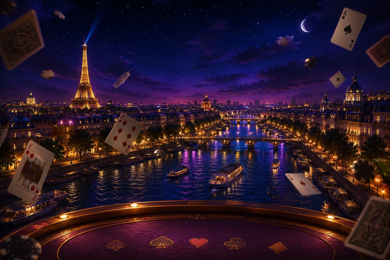 The Belote lobby — a night-time Paris casino scene with the felt table and cream playing cards